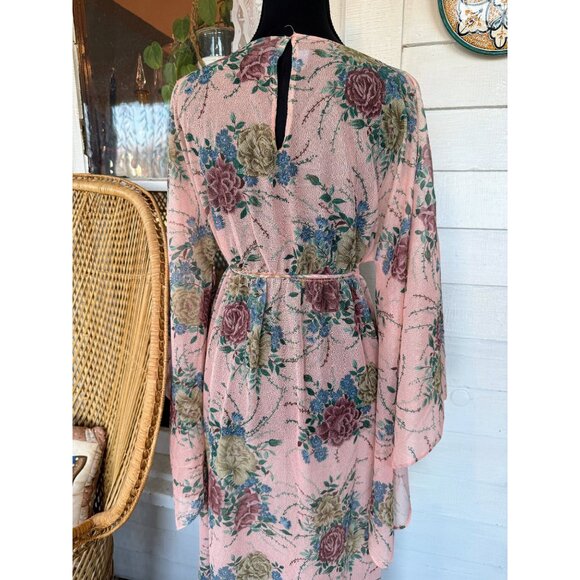 Vintage 60's Pink Floral Chiffon Style Maxi Dress Batwing Sleeves Sz L Boho - Picture 6 of 16
